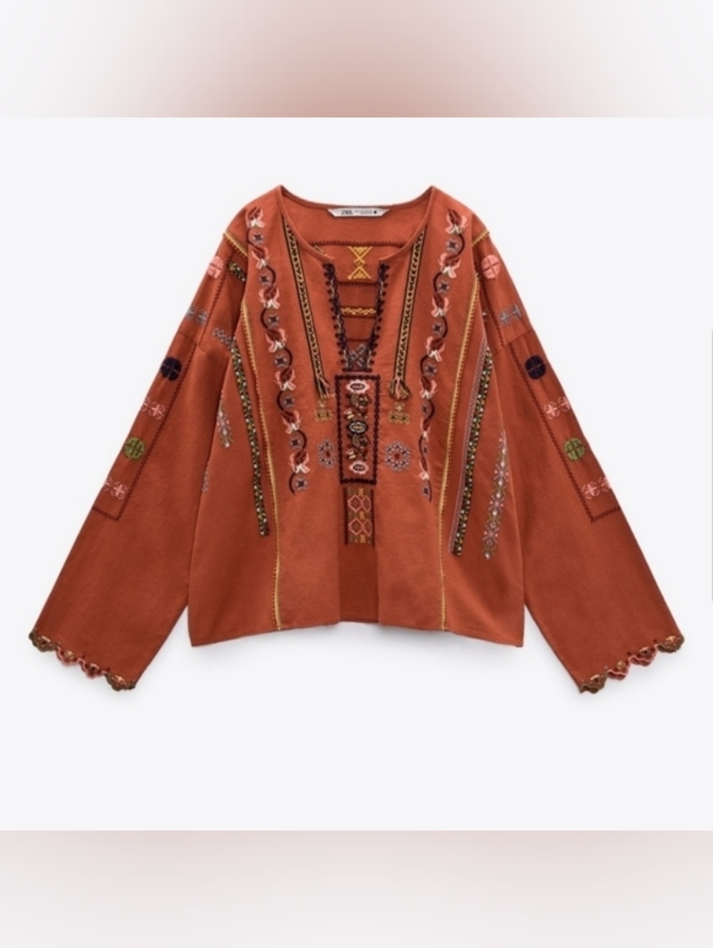 Zara Linen Bkend Burnt Orange Embroidered Tassel Shirt - Picture 2 of 8